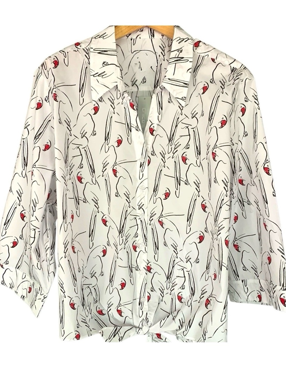Chico's Top Size 1 Amazon Parrots Tie Front Popover Artsy Statement Birds Blouse
